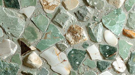 Abstract seamless terrazzo texture in light mint green featuring soft white, cream, and gray fragmentsの素材