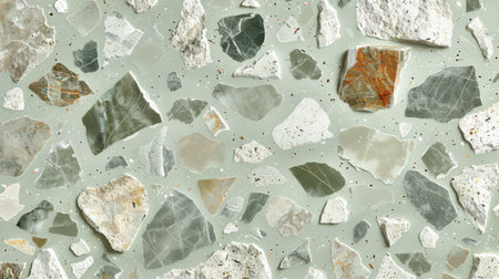 Seamless mint green terrazzo flooring with scattered white, soft beige, and pale gray flecks on a polished surfaceの素材