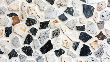 Minimal monochrome terrazzo texture featuring white base with scattered black and soft gray chips, seamless backdropの素材