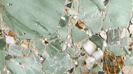 Polished mint green terrazzo floor surface with scattered marble and quartz fragments in soft natural tonesの素材