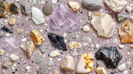 Seamless terrazzo pattern with lilac pastel purple base and scattered soft white, ivory, and gray marble flecksの素材