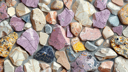 Seamless abstract terrazzo backdrop in soft lilac tones with scattered ivory and pale pink marble chipsの素材