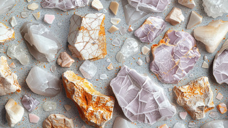 Seamless abstract terrazzo backdrop in soft lilac tones with scattered ivory and pale pink marble chipsの素材