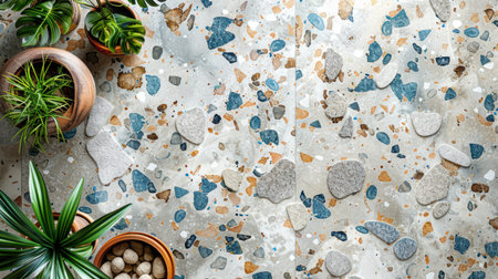 Decorative seamless terrazzo floor pattern in beige and blue with marble and quartz flecks, top-down viewの素材