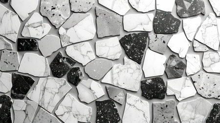 Minimal monochrome terrazzo texture featuring white base with scattered black and soft gray chips, seamless backdropの素材