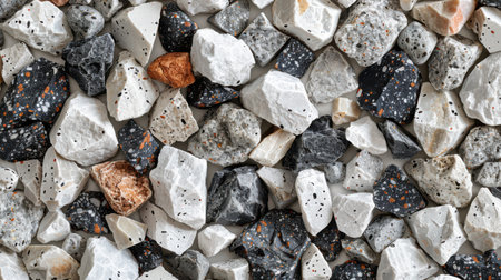 Modern monochrome terrazzo floor texture featuring scattered white, gray, and black mineral fragments on a seamless baseの素材