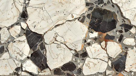 Abstract monochrome terrazzo pattern with irregular black and gray marble fragments embedded in a soft white backgroundの素材