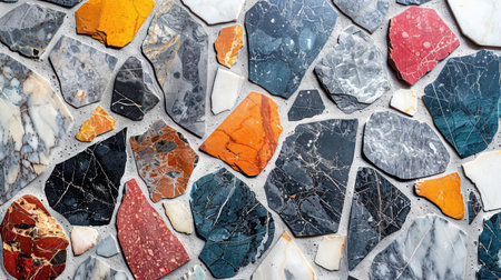 Contemporary monochrome terrazzo pattern with polished surface and mixed grayscale marble chips on a white baseの素材