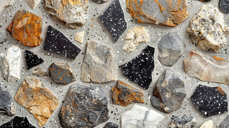 Chic monochrome terrazzo texture with random black, gray, and soft off-white marble chips in a seamless layoutの素材