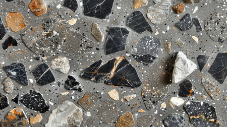 Neutral monochrome terrazzo surface featuring scattered black and gray marble chips on a clean seamless cement baseの素材