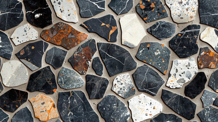 Seamless terrazzo pattern in monochrome theme featuring stone flecks in deep black, soft gray, and bright whiteの素材