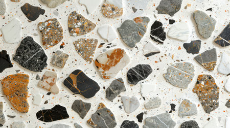 Modern monochrome terrazzo floor texture featuring scattered white, gray, and black mineral fragments on a seamless baseの素材