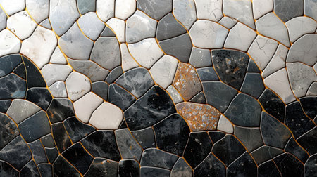 Abstract terrazzo design in shades of black, light gray, and white for a sleek modern minimalist seamless backgroundの素材