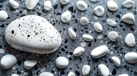 Classic black-and-white terrazzo surface with various shades of gray flecks, seamless polished minimalist patternの素材