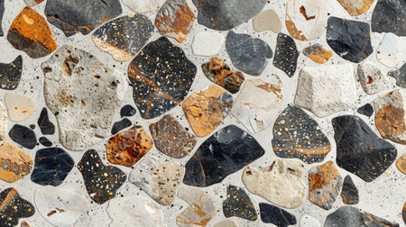 Polished seamless terrazzo pattern in grayscale tones with decorative stone flecks on a minimal white cement backgroundの素材