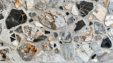 Neutral monochrome terrazzo surface featuring scattered black and gray marble chips on a clean seamless cement baseの素材