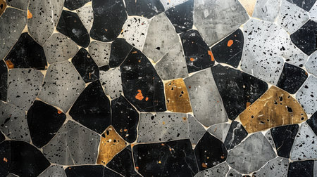 Abstract terrazzo design in shades of black, light gray, and white for a sleek modern minimalist seamless backgroundの素材