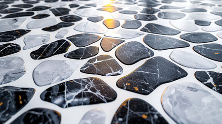 Seamless monochrome terrazzo pattern featuring scattered black, white, and gray stone chips on a polished white backgroundの素材