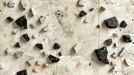 Modern terrazzo pattern in monochrome tones with bold black and soft gray chips scattered on a seamless white cementの素材