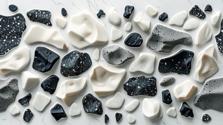 Seamless monochrome terrazzo pattern featuring scattered black, white, and gray stone chips on a polished white backgroundの素材