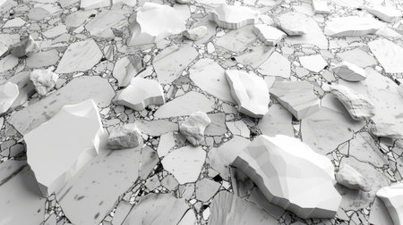 Stylish grayscale terrazzo pattern with random decorative stone fragments over a minimal polished white backgroundの素材