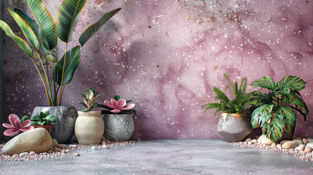 Terrazzo floor texture in pastel purple with random decorative stone flecks in blush, white, and gray huesの素材