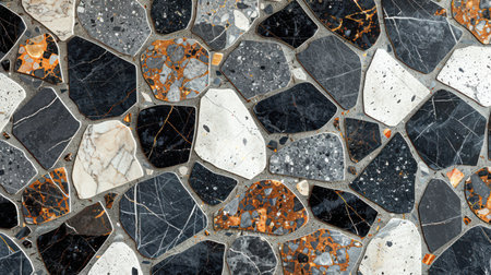 Seamless terrazzo pattern in monochrome theme featuring stone flecks in deep black, soft gray, and bright whiteの素材