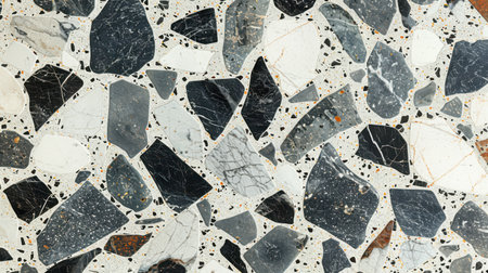 Modern monochrome terrazzo floor texture featuring scattered white, gray, and black mineral fragments on a seamless baseの素材