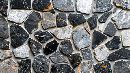 Abstract monochrome terrazzo pattern with irregular black and gray marble fragments embedded in a soft white backgroundの素材