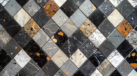 Elegant black, gray, and white terrazzo pattern with scattered stone fragments embedded in seamless polished surfaceの素材