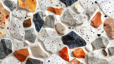 Seamless minimalist terrazzo design in shades of white, gray, and black with subtle scattered geometric flecksの素材