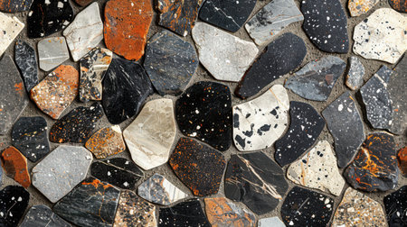 Seamless terrazzo pattern in monochrome theme featuring stone flecks in deep black, soft gray, and bright whiteの素材