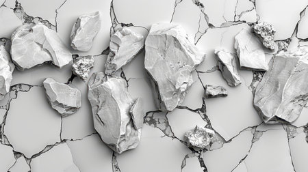 Stylish grayscale terrazzo pattern with random decorative stone fragments over a minimal polished white backgroundの素材