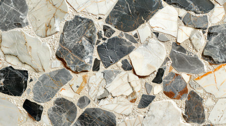 Polished seamless terrazzo texture in neutral monochrome palette with stone flecks in black, white, and ash grayの素材
