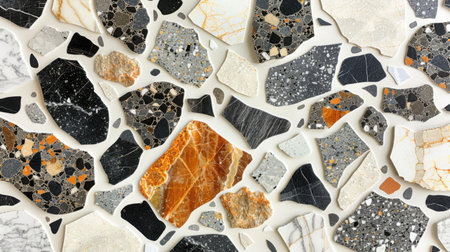 Seamless monochrome terrazzo pattern featuring scattered black, white, and gray stone chips on a polished white backgroundの素材
