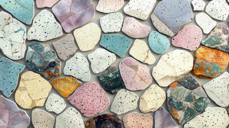 Minimal terrazzo pattern with scattered pastel stone flecks in lavender, aqua, powder pink, and cream over a seamless baseの素材