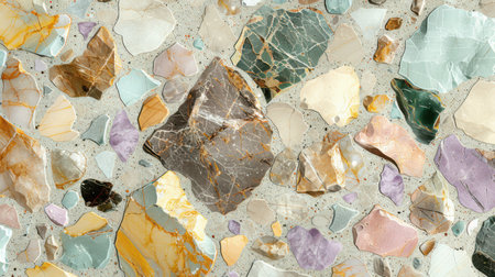 Delicate terrazzo texture with pastel marble chips in soft lavender, blush, pale yellow, and aqua scattered on seamless baseの素材