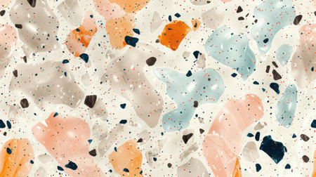 Minimal pastel terrazzo seamless pattern with delicate marble flecks in soft candy shades randomly placed over white backgroundの素材