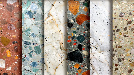 Contemporary terrazzo texture with pastel marble flecks in a random seamless arrangement over a white polished surfaceの素材