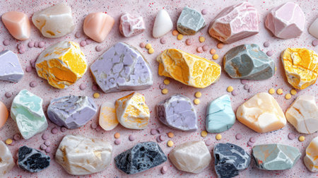 Delicate terrazzo texture with pastel marble chips in soft lavender, blush, pale yellow, and aqua scattered on seamless baseの素材