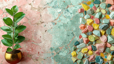 Clean terrazzo texture featuring random pastel marble fragments in powder pink, mint, aqua, and lemon tones, seamless designの素材