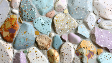 Minimal terrazzo pattern with scattered pastel stone flecks in lavender, aqua, powder pink, and cream over a seamless baseの素材