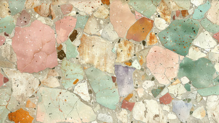 Elegant seamless terrazzo design in pastel tones with powder pink, mint green, lavender, and light blue flecks on whiteの素材