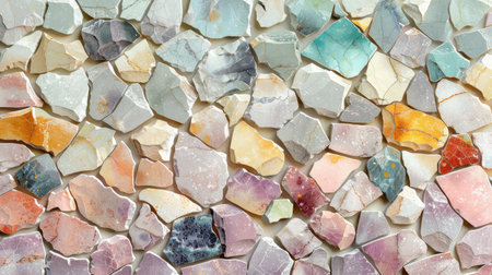 Dreamy terrazzo design with pastel shades of pink, lavender, soft aqua, and light lemon yellow on a seamless white surfaceの素材