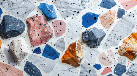 Minimal pastel terrazzo seamless pattern with delicate marble flecks in soft candy shades randomly placed over white backgroundの素材