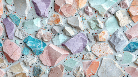 Pastel terrazzo seamless texture featuring scattered delicate marble flecks in light tones of pink, mint, blue, and lilacの素材