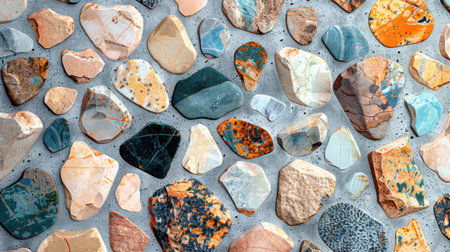 Smooth terrazzo pattern with delicate pastel color stone flecks scattered on a clean seamless cement-like backgroundの素材