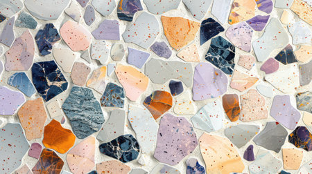 Soft pastel terrazzo pattern with scattered flecks in lavender, light peach, soft cyan, and blush pink over seamless whiteの素材