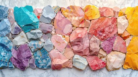 Seamless pastel terrazzo surface featuring marble-like stone fragments in soft candy colors over a polished white backgroundの素材