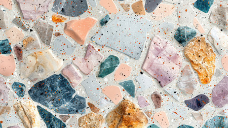 Soft pastel terrazzo pattern with scattered flecks in lavender, light peach, soft cyan, and blush pink over seamless whiteの素材